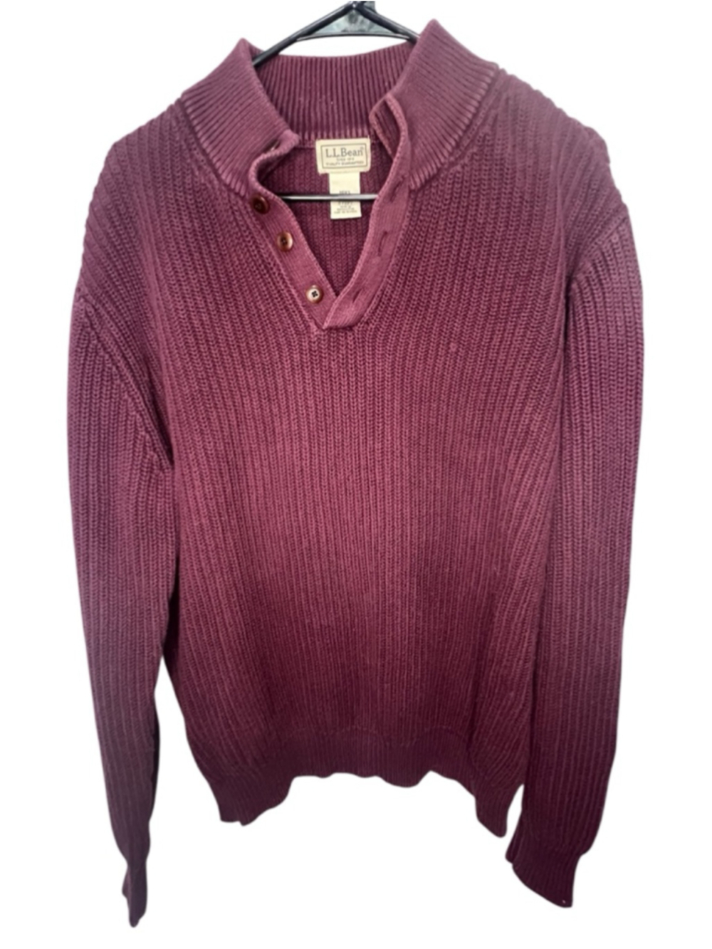 L.L. Bean Burgundy Cotton Rib Knit Collared Henley Pullover Sweater